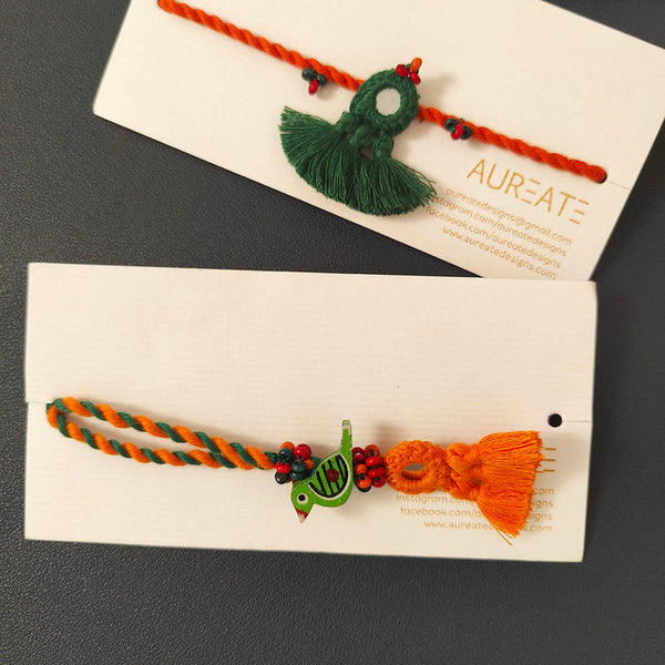 Cotton Rakhi Lumba Set For Bhaiya & Bhabhi | Pom-Pom Mirror | Green & Orange