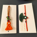 Cotton Rakhi Lumba Set For Bhaiya & Bhabhi | Pom-Pom Mirror | Green & Orange