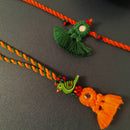 Cotton Rakhi Lumba Set For Bhaiya & Bhabhi | Pom-Pom Mirror | Green & Orange