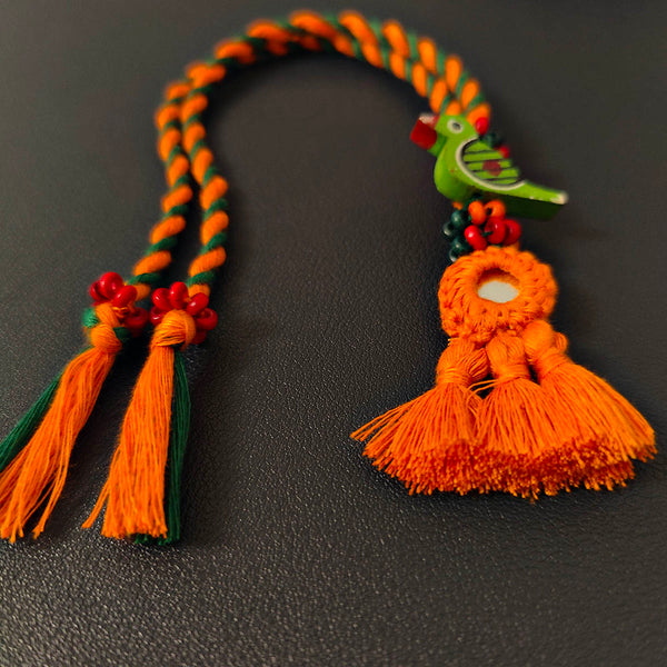 Cotton Rakhi Lumba Set For Bhaiya & Bhabhi | Pom-Pom Mirror | Green & Orange