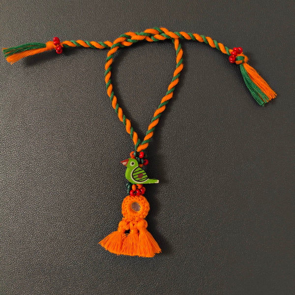 Cotton Rakhi Lumba Set For Bhaiya & Bhabhi | Pom-Pom Mirror | Green & Orange