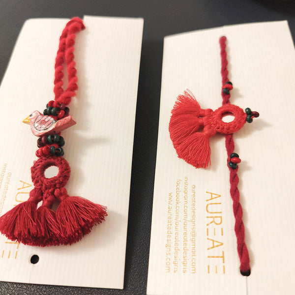 Cotton Rakhi Lumba Set For Bhaiya & Bhabhi | Pom-Pom Mirror | Pink & Cherry Red