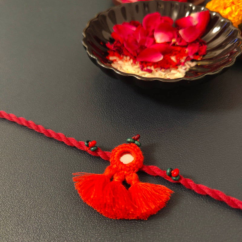 Cotton Rakhi Lumba Set For Bhaiya & Bhabhi | Pom-Pom Mirror | Pink & Cherry Red