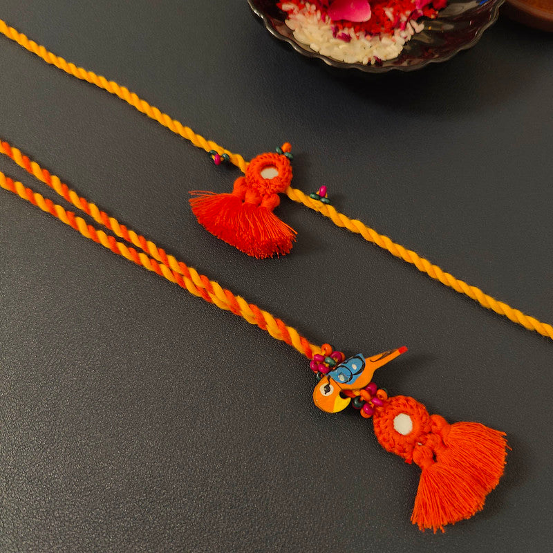 Cotton Rakhi Lumba Set For Bhaiya & Bhabhi | Pom-Pom Mirror | Orange & Yellow