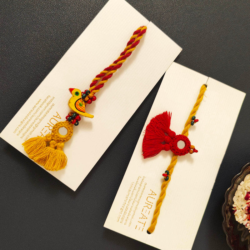 Cotton Rakhi Lumba Set For Bhaiya & Bhabhi | Pom-Pom Mirror | Yellow & Red