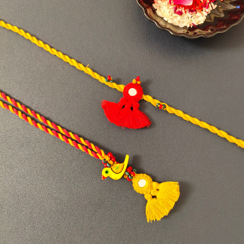 Cotton Rakhi Lumba Set For Bhaiya & Bhabhi | Pom-Pom Mirror | Yellow & Red