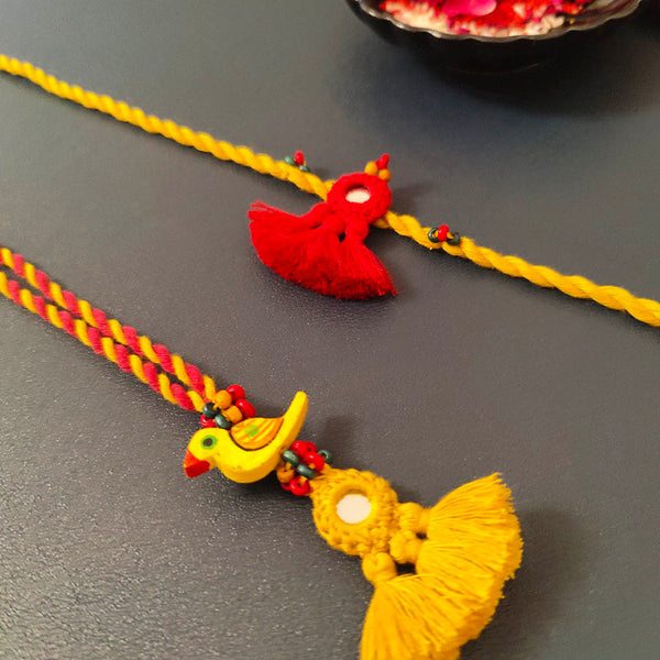 Cotton Rakhi Lumba Set For Bhaiya & Bhabhi | Pom-Pom Mirror | Yellow & Red