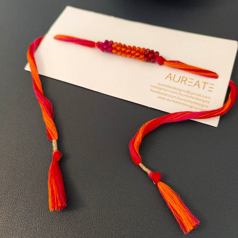 Cotton Rakhi Lumba Set For Bhaiya & Bhabhi | Beads & Bird | Red & Orange