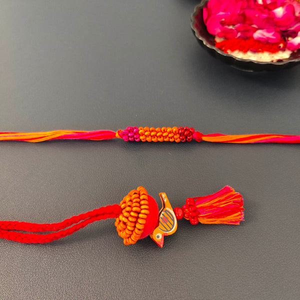 Cotton Rakhi Lumba Set For Bhaiya & Bhabhi | Beads & Bird | Red & Orange