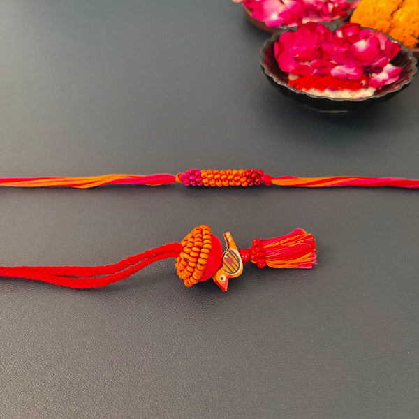 Cotton Rakhi Lumba Set For Bhaiya & Bhabhi | Beads & Bird | Red & Orange