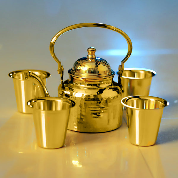 Brass Utensils | Tea Pot With Small Glasses |  Set of 5