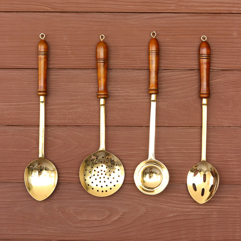 Brass Utensils | Ladles with Wooden Handles | 9 inches | Set of 4