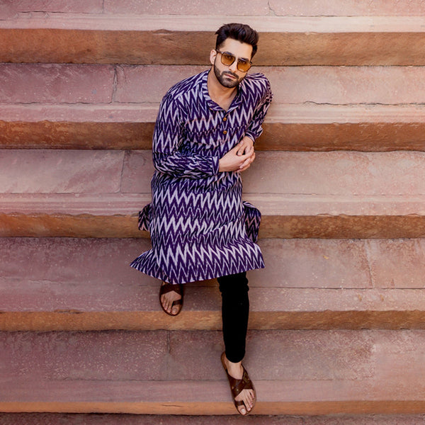 Ikat Print Kurta Set for Men | Purple | Full Sleeves