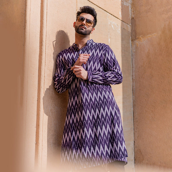 Ikat Print Kurta for Men | Purple | Full Sleeves