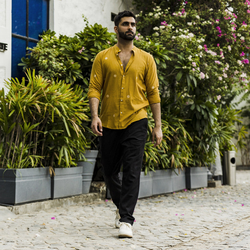 Jamdani Cotton Mens Shirt | Motifs | Mustard Yellow