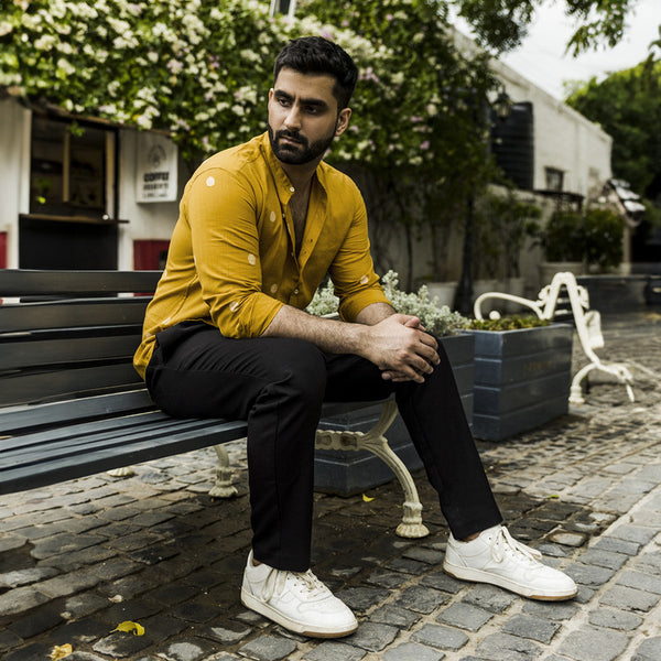 Jamdani Cotton Mens Shirt | Motifs | Mustard Yellow