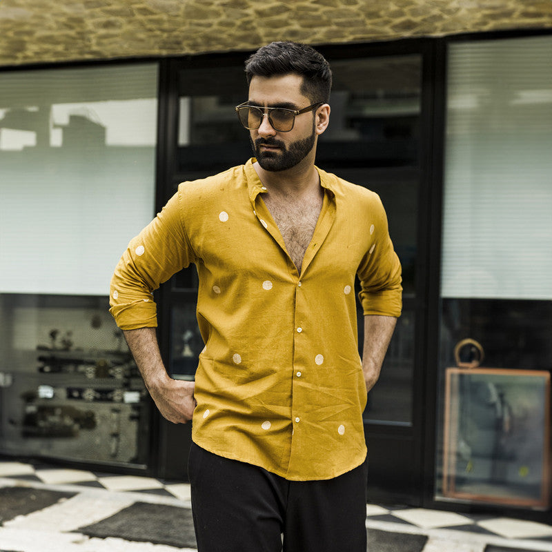 Jamdani Cotton Mens Shirt | Motifs | Mustard Yellow