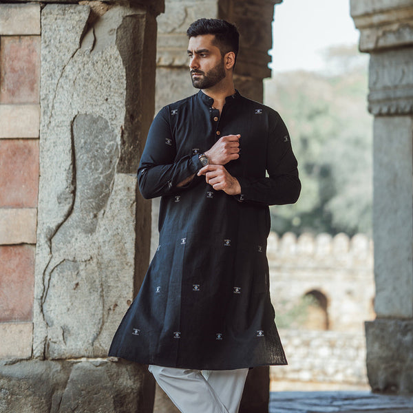 Jamdani Cotton Black Kurta Set for Men | Kurta & Pyjama