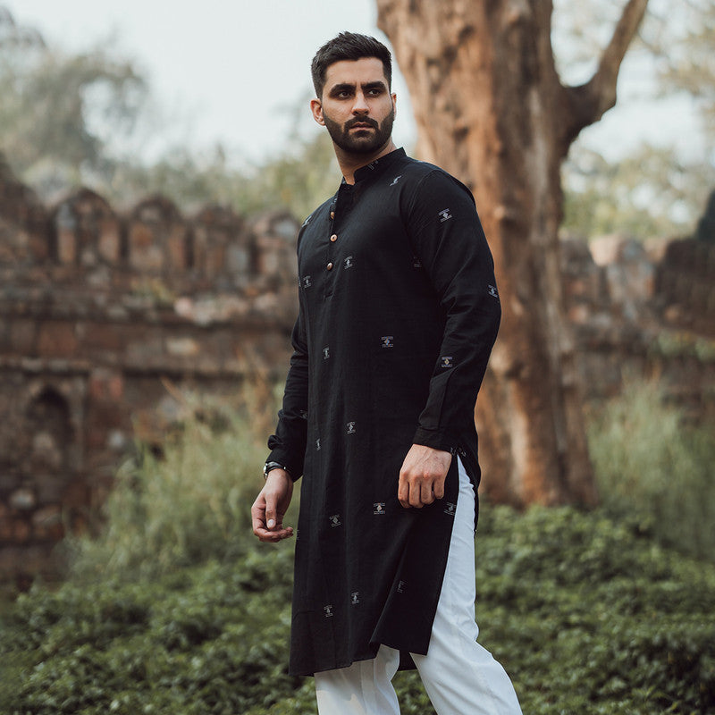 Jamdani Cotton Black Kurta Set for Men | Kurta & Pyjama