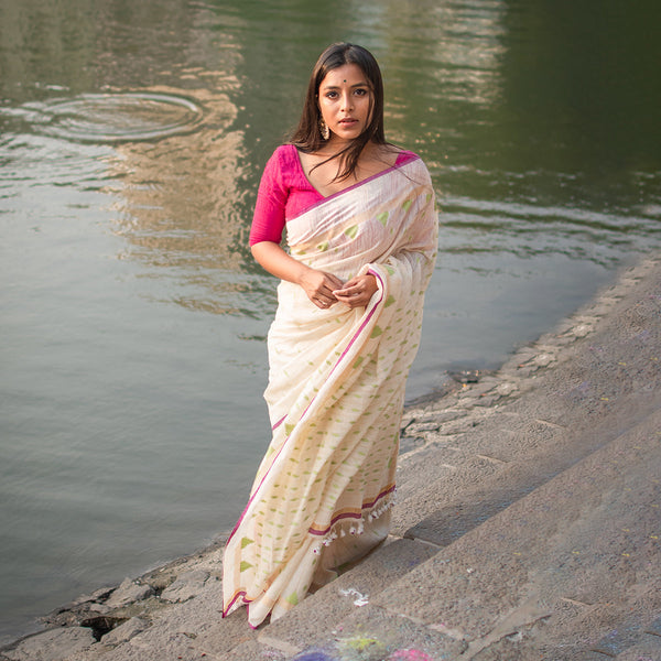 Handwoven Silk Saree | Jamdani Motifs | White