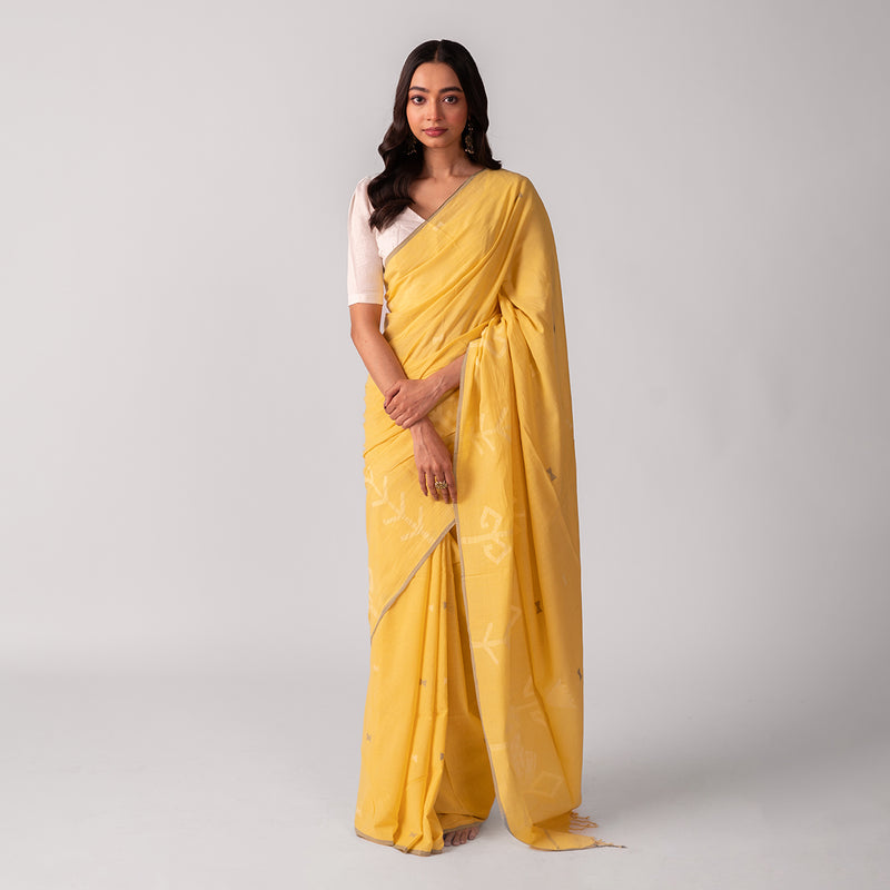 Festive Wear for Women | Handwoven Cotton Saree With Jamdani Motifs | Yellow