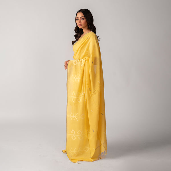 Festive Wear for Women | Handwoven Cotton Saree With Jamdani Motifs | Yellow