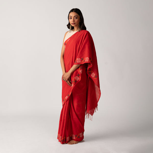 Women Festive Wear | Handwoven Cotton With Jamdani Motifs | Red