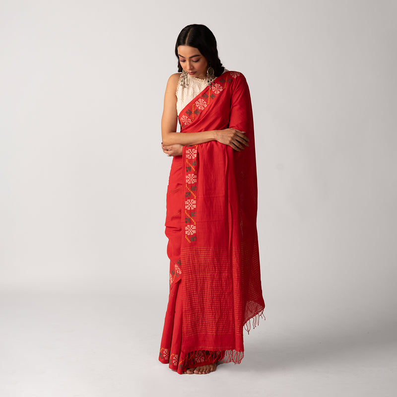 Women Festive Wear | Handwoven Cotton With Jamdani Motifs | Red