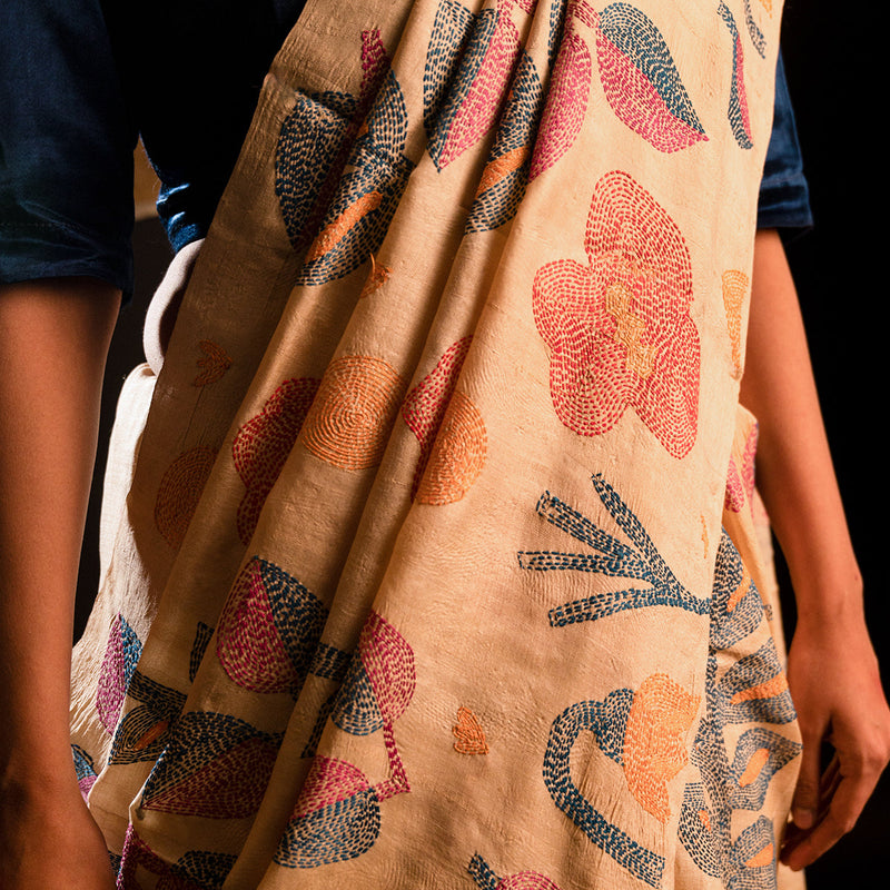 Tussar Silk Saree | Floral Motifs | Beige