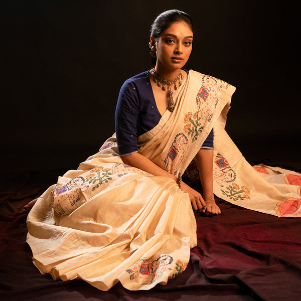Tussar Silk Saree | Madhubani Inspired Motifs | Beige
