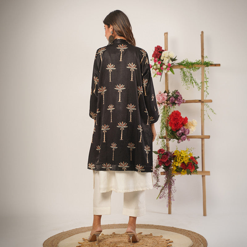 Mashru Silk Overlay Jacket | Ajrakh Print | Black