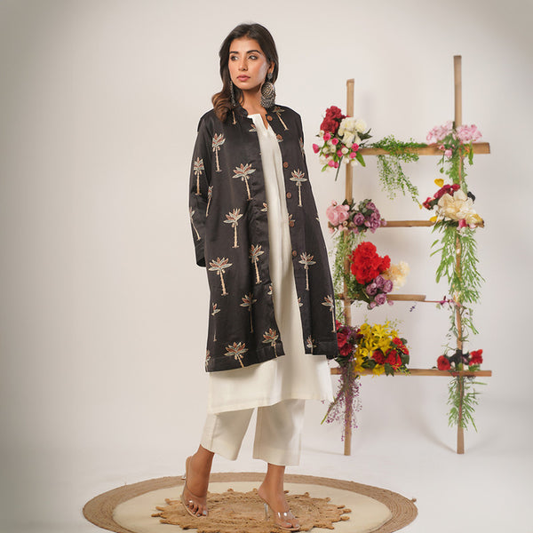 Mashru Silk Overlay Jacket | Ajrakh Print | Black