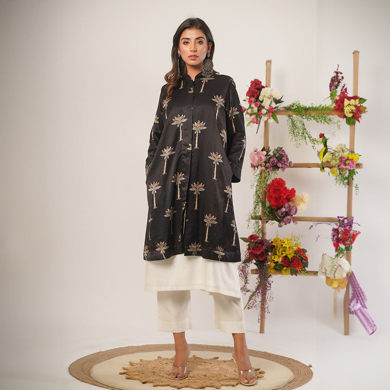 Mashru Silk Overlay Jacket | Ajrakh Print | Black