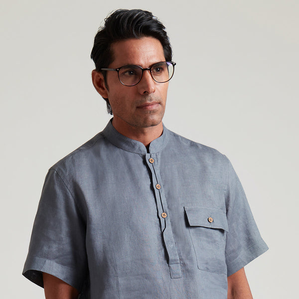 Organic Linen Shirt for Men | Half Sleeves | Blue