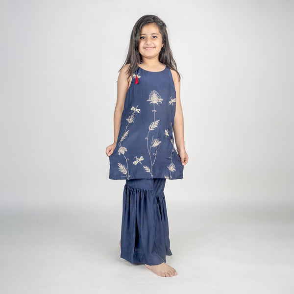 Kurta and Sharara Set for Girls | Cotton Muslin | Embroidered | Navy Blue
