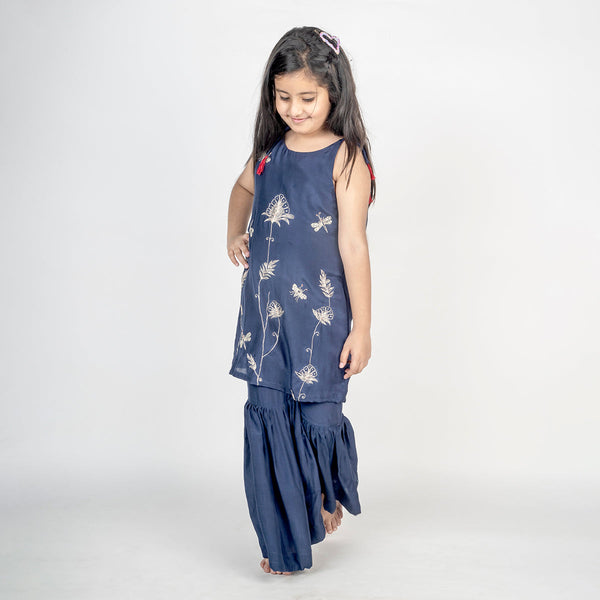 Kurta and Sharara Set for Girls | Cotton Muslin | Embroidered | Navy Blue
