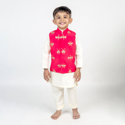 Kurta Pajama with Jacket for Boys | Cotton Muslin | Embroidered | Coral