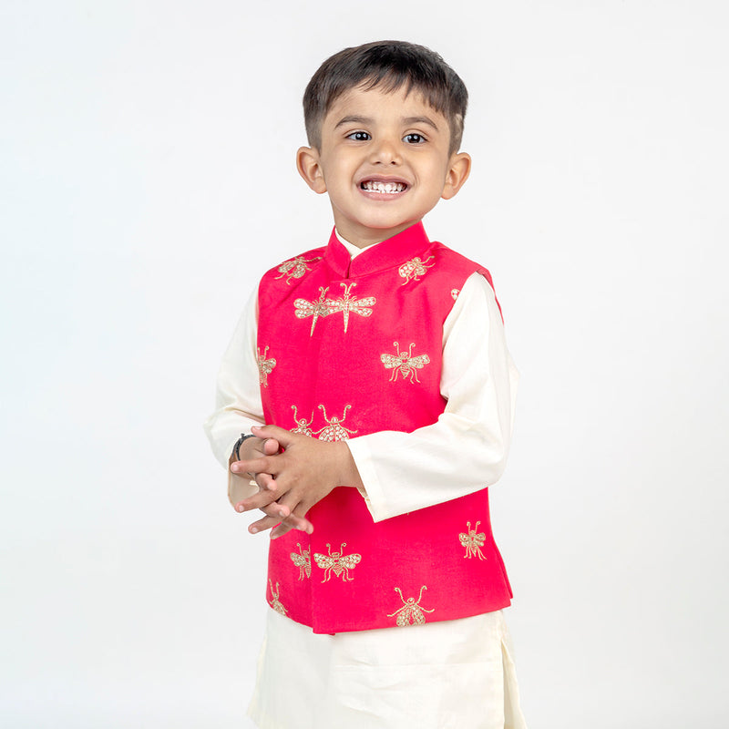 Kurta Pajama with Jacket for Boys | Cotton Muslin | Embroidered | Coral