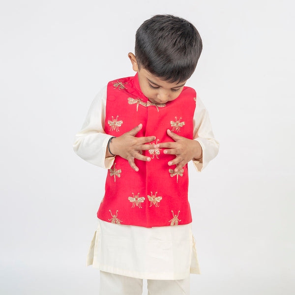 Kurta Pajama with Jacket for Boys | Cotton Muslin | Embroidered | Coral