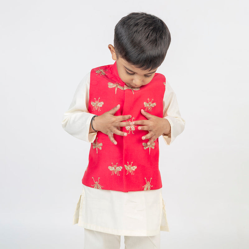 Kurta Pajama with Jacket for Boys | Cotton Muslin | Embroidered | Coral