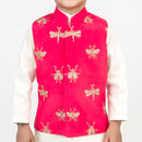 Kurta Pajama with Jacket for Boys | Cotton Muslin | Embroidered | Coral