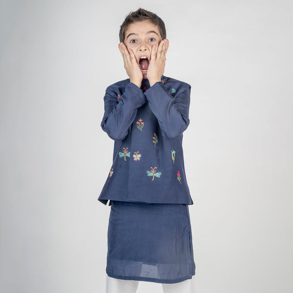 Kurta Pajama with Jacket for Boys | Cotton Muslin | Embroidered | Navy Blue