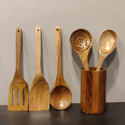 Wooden Ladles with Holder | 5 Pcs Set | Brown