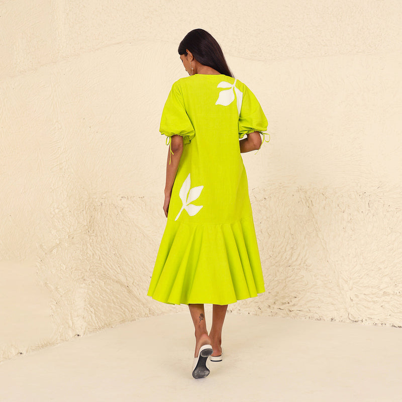 Cotton Poplin A-Line Dress for Women | Puffed Sleeves | Lime
