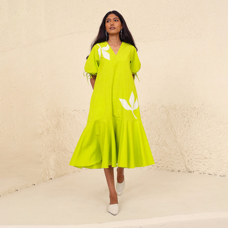 Cotton Poplin A-Line Dress for Women | Puffed Sleeves | Lime