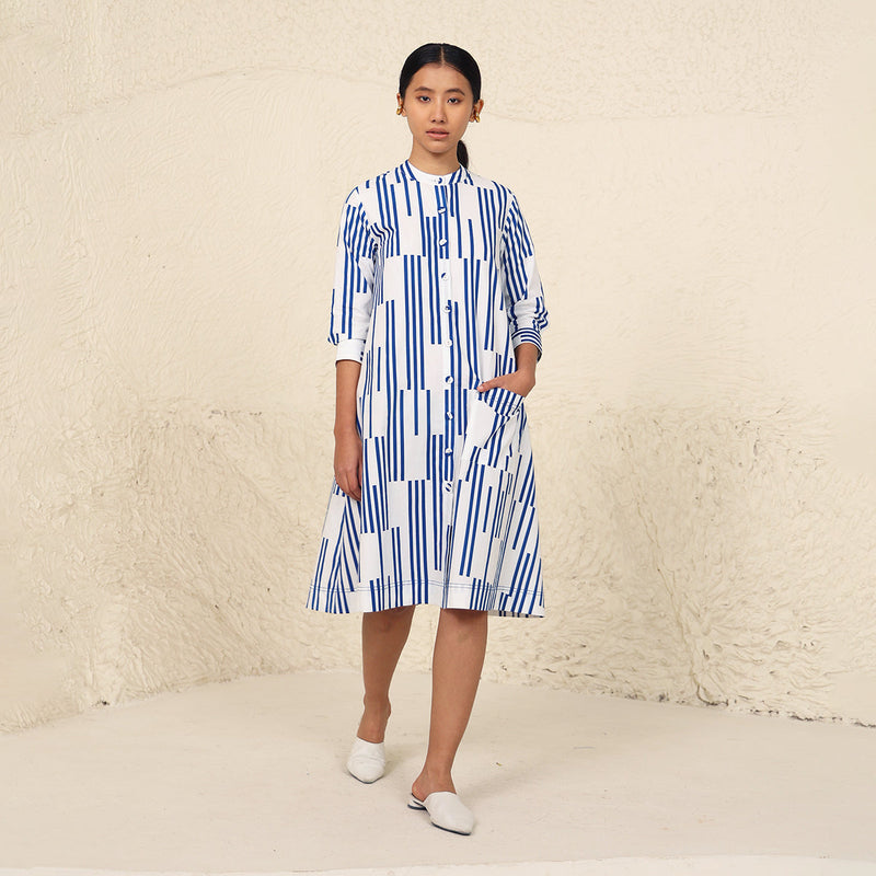 Cotton Poplin Shirt Dress for Women | Stripe Print | White & Blue