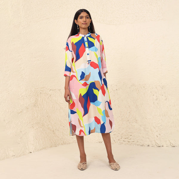 Cotton Poplin A-Line Dress for Women | Mandarin Neck | Multicolour