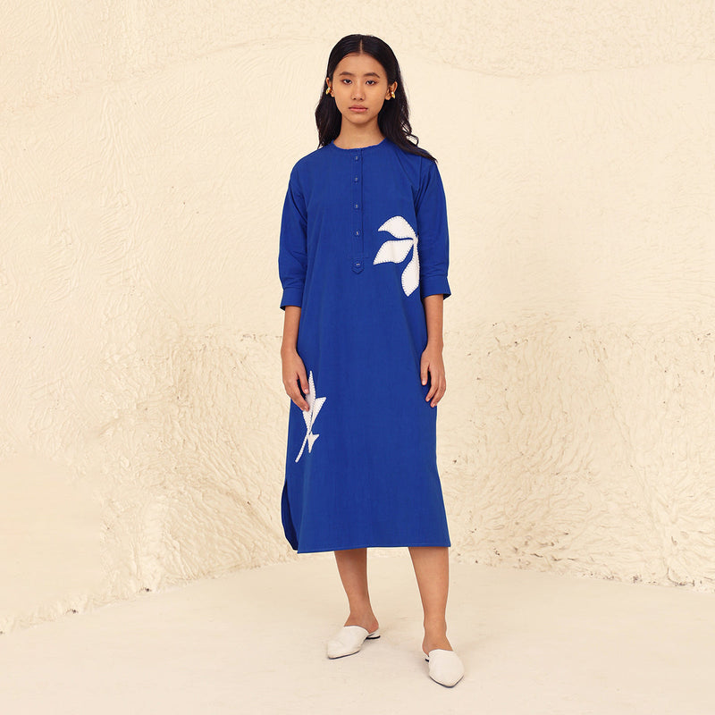 Cotton Poplin A-Line Dress for Women | Mandarin Neck | Blue