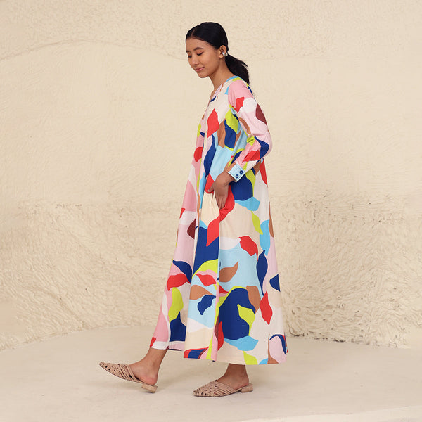 Cotton Poplin A-Line Dress for Women | Printed | V-Neck | Multicolour