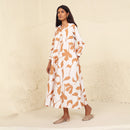 Cotton Poplin A-Line Dress for Women | Printed | V-Neck | White & Beige